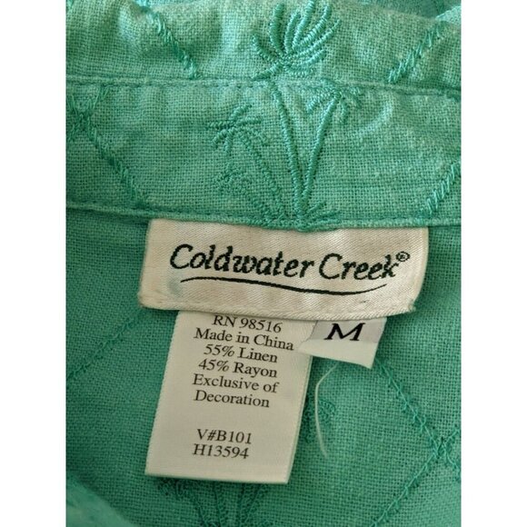 Coldwater Creek Top Womens M Blue Linen Blend Short Sleeve Button Up Palm Trees - Picture 5 of 6